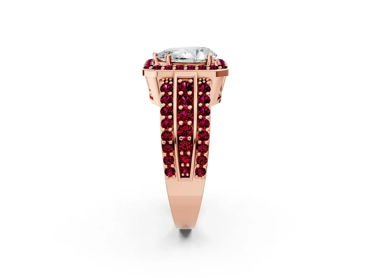 Pear Cut Halo Diamond Ring with Round Garnet Split Shank and Prong Setting Rose gold