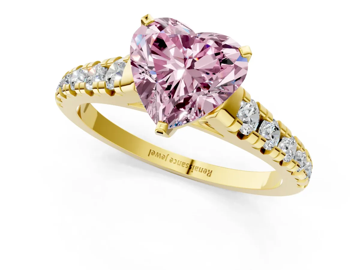 Fancy Pink Heart Cut Diamond Cathedral Solitaire Ring with Round Pavé Band Yellow gold