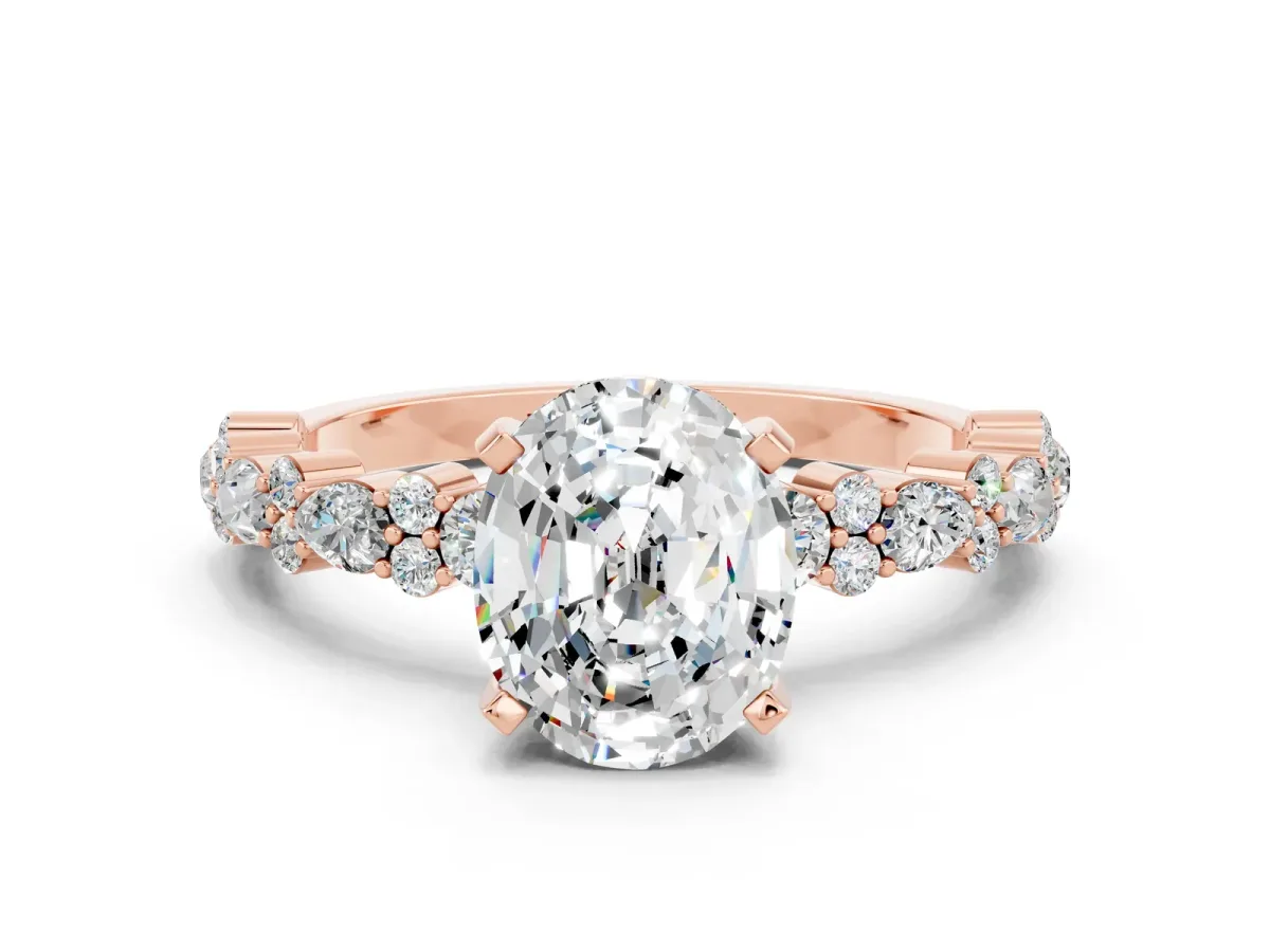 Oval Cut Moissanite Side Stone Solitaire Ring with Round and Four-Prong Setting Rose gold