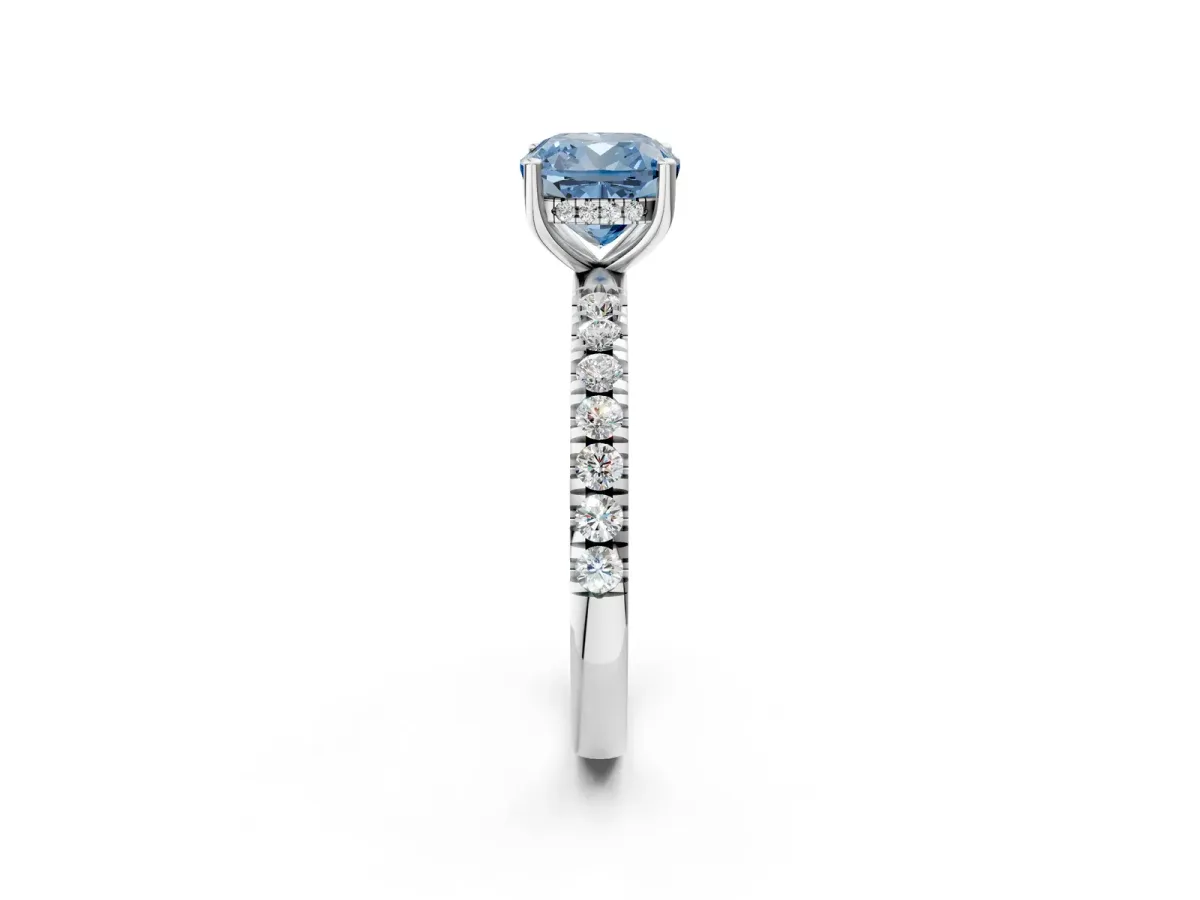 Fancy Blue Cushion Cut Diamond Pave Band Solitaire Ring with Round and Prong Setting Platinum