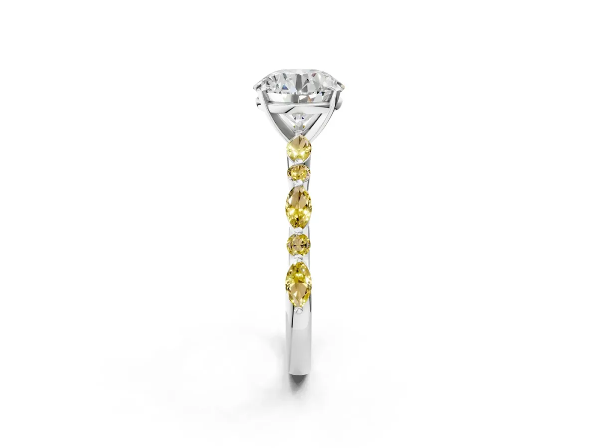 Round Cut Diamond Ring with Marquise and Round Yellow Sapphire Side Stones and Four-Prong Setting Silver