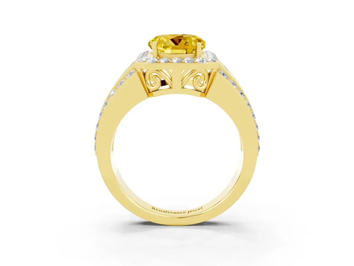 Round Cut Halo Yellow Sapphire Ring with Round Split Shank and Prong Setting Yellow gold