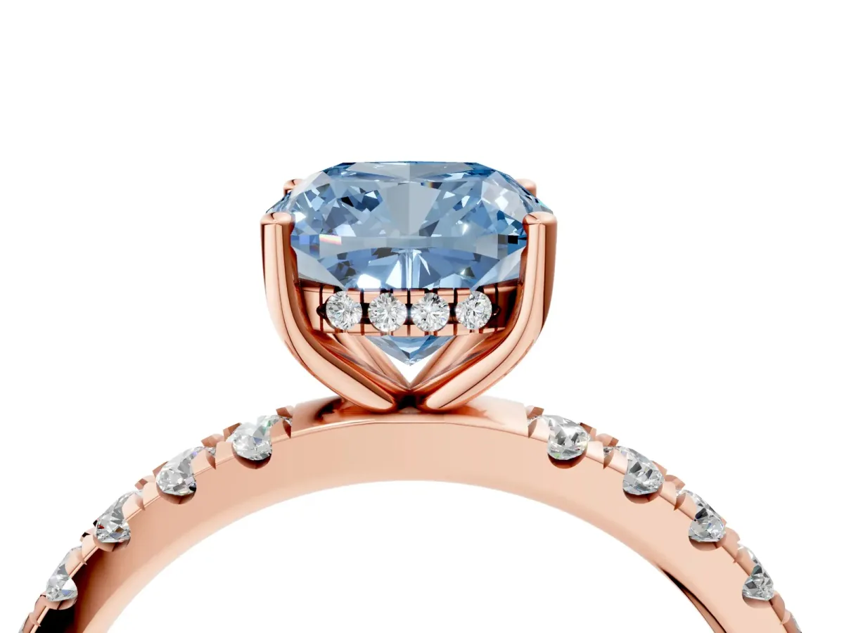 Fancy Blue Cushion Cut Diamond Pave Band Solitaire Ring with Round and Prong Setting Rose gold