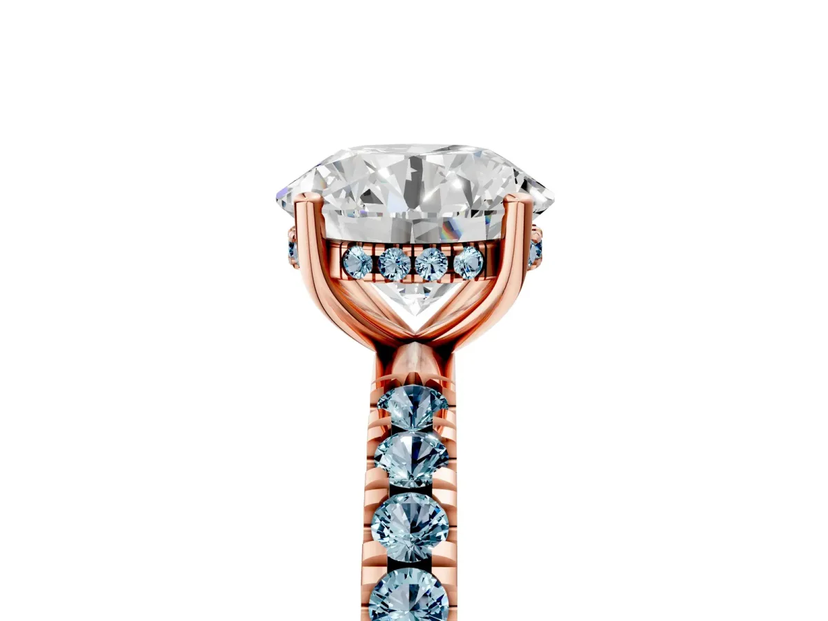 Round Cut Diamond Pave Band Solitaire Ring with Round Aquamarine and Prong Setting Rose gold
