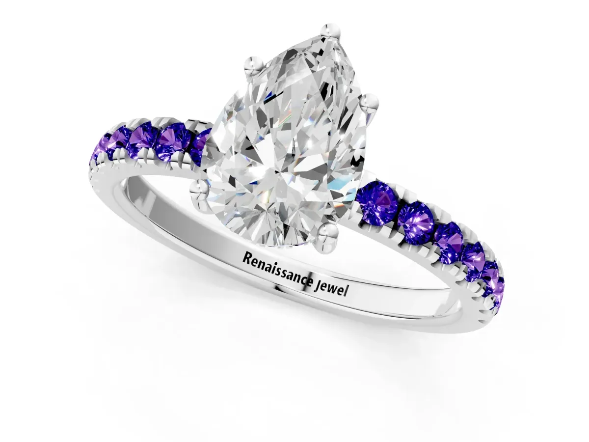 Pear Cut Diamond Pave Band Solitaire Ring with Round Tanzanite and Prong Setting Platinum