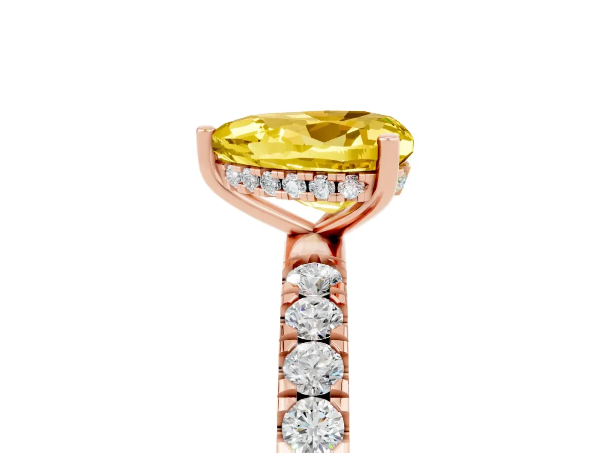 Heart Cut Yellow Sapphire Pave Band Solitaire Ring with Round and Prong Setting Rose gold