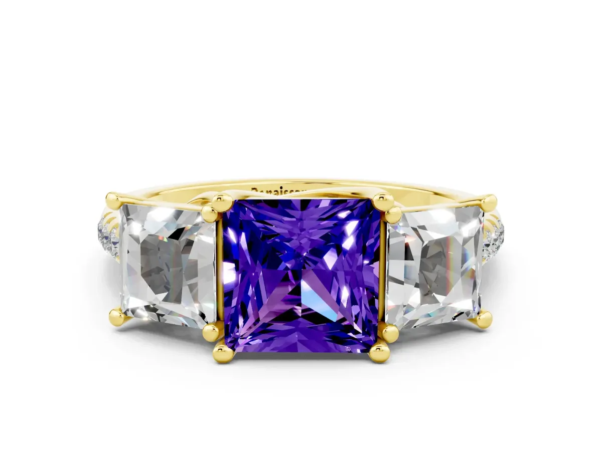 Three-Stone Princess Cut Tanzanite Ring with Round Pavé Band and Prong Setting Yellow gold