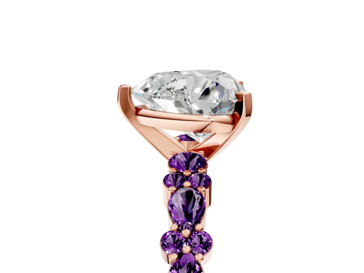 Heart Cut Diamond Side Stone Solitaire Ring with Round Amethyst and Four-Prong Setting Rose gold