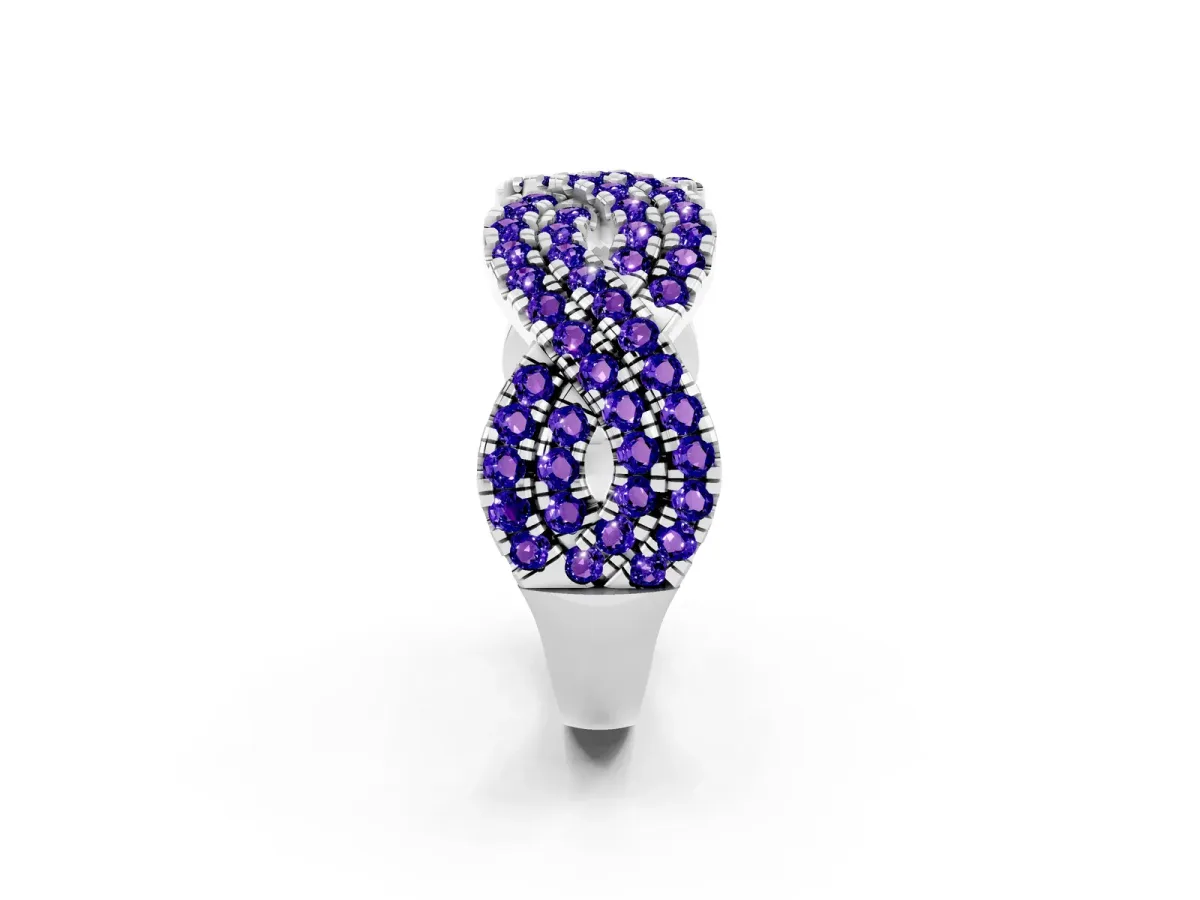 Pavé Round Tanzanite Infinity Twist Band with Shared Prong Setting Silver