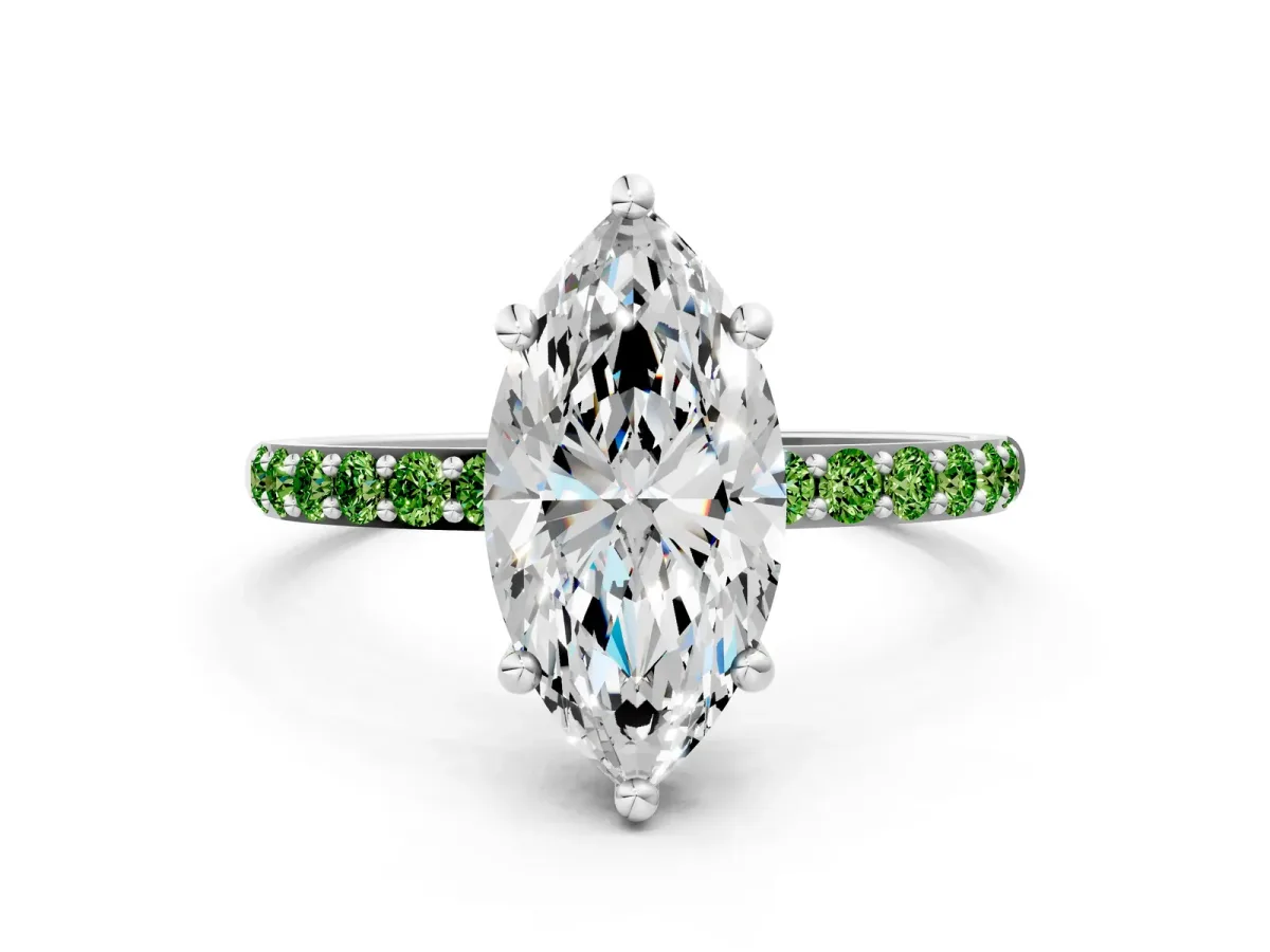 Marquise Cut Diamond Solitaire Ring with Round Peridot Pavé Band and Prong Setting White gold