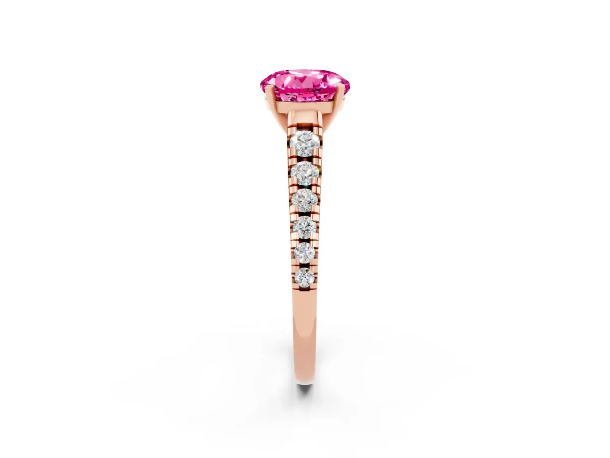 Round Cut Pink Sapphire Cathedral Solitaire Ring with Round Pavé Band Rose gold