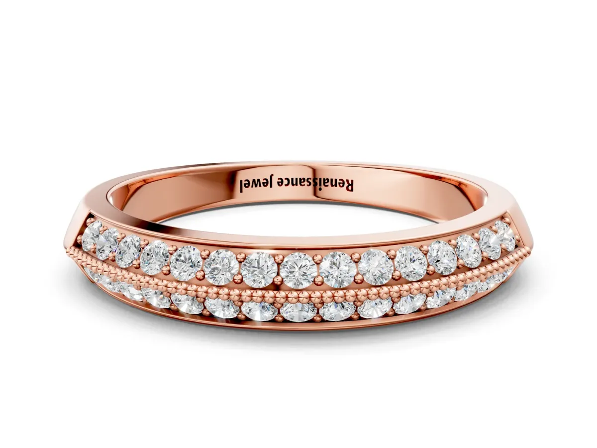 Double Row Pavé Round Diamond White Gold Band with Shared Prong Setting Rose gold