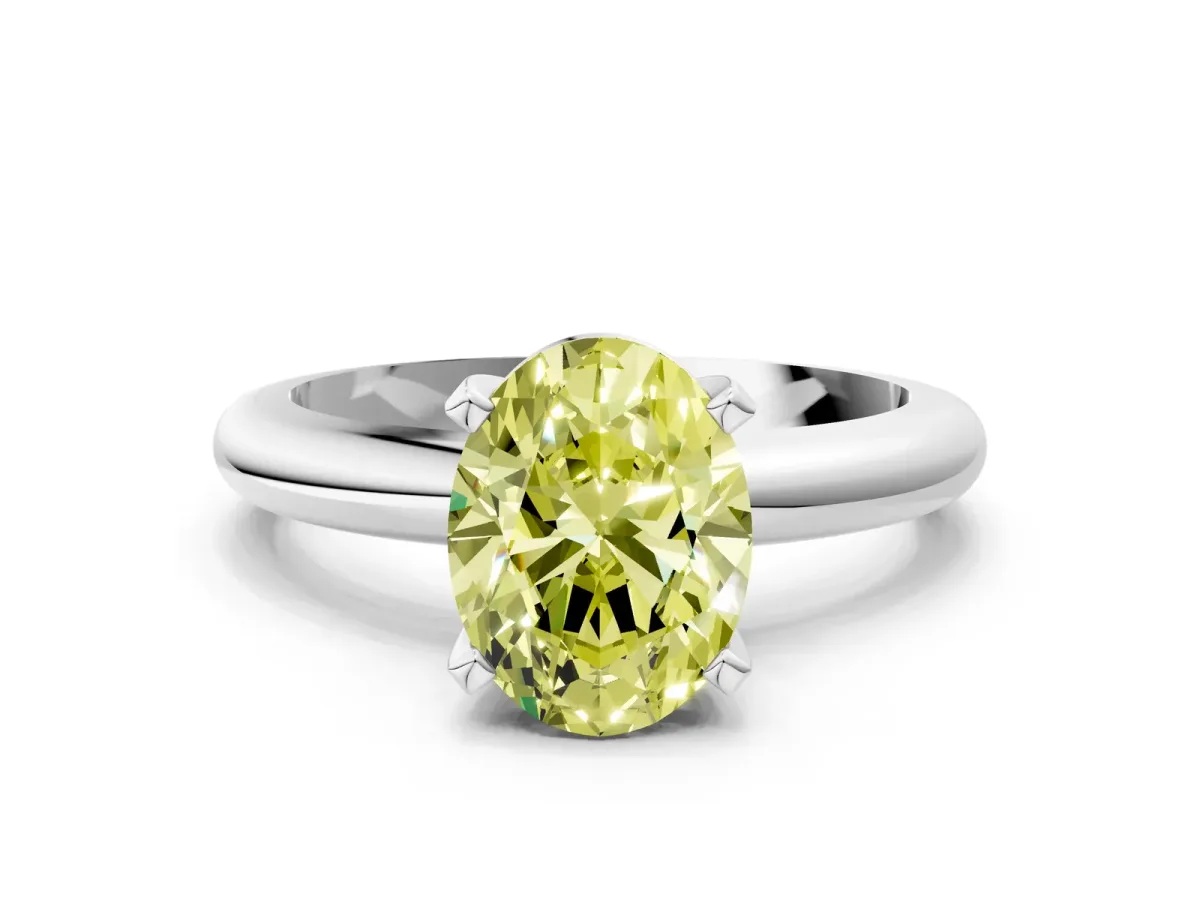 Fancy Yellow Oval Cut Diamond Solitaire Engagement Ring with Round Band and Four-Prong Setting Platinum