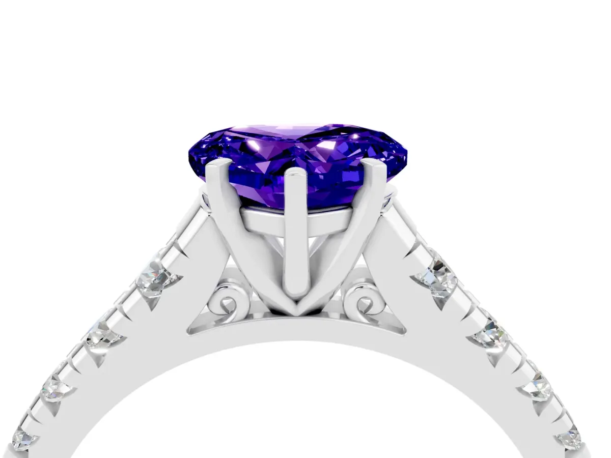 Heart Cut Tanzanite Cathedral Solitaire Ring with Round Pavé Band Silver