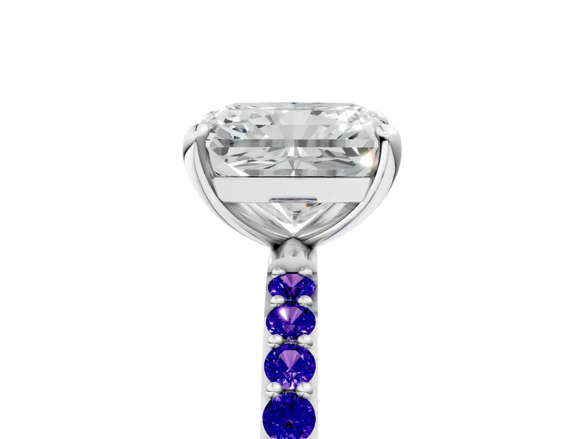 Radiant Cut Diamond Solitaire Ring with Round Tanzanite Pavé Band and Prong Setting Silver