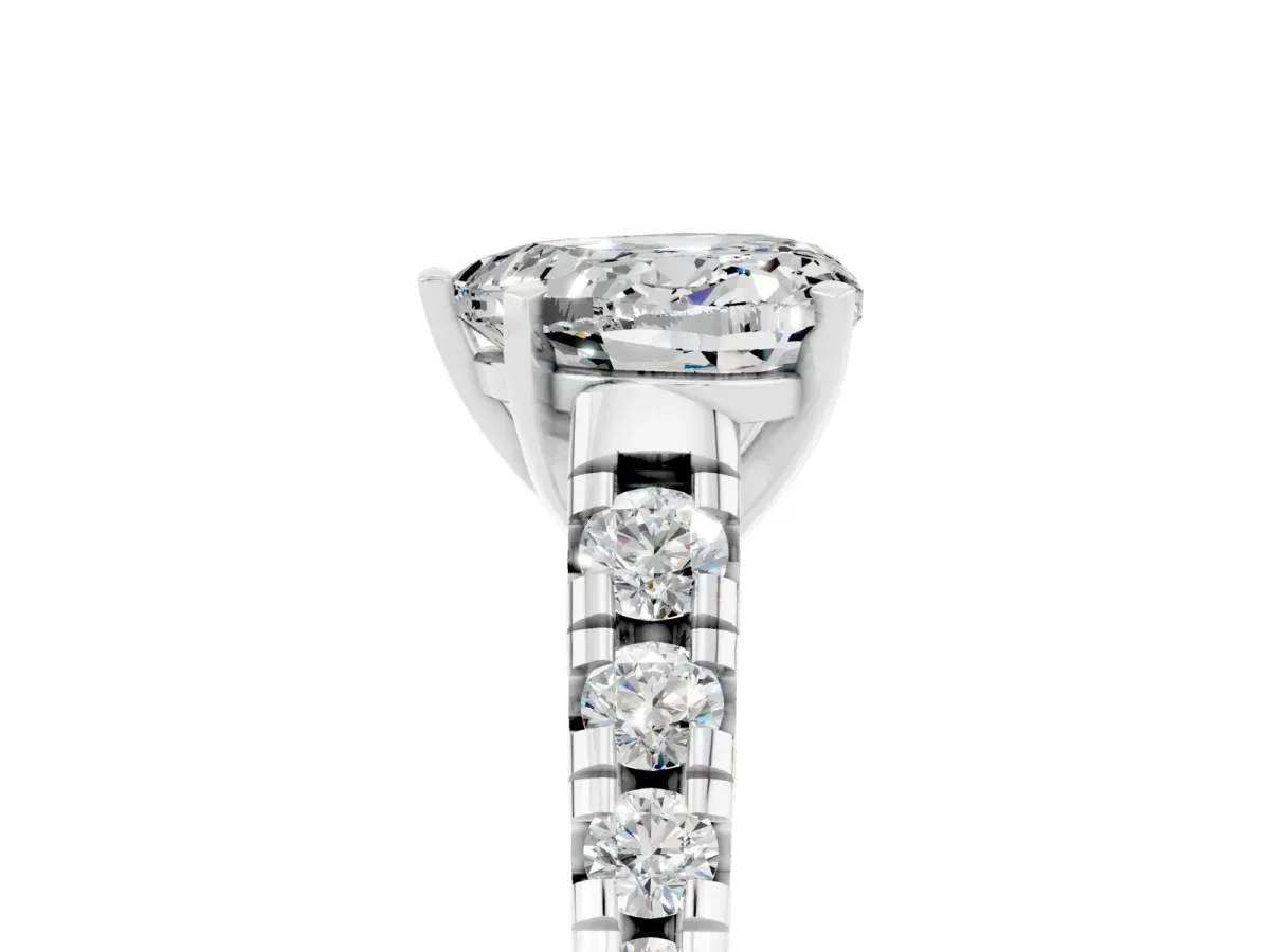 Heart Cut Moissanite Cathedral Solitaire Ring with Round Pavé Band Platinum