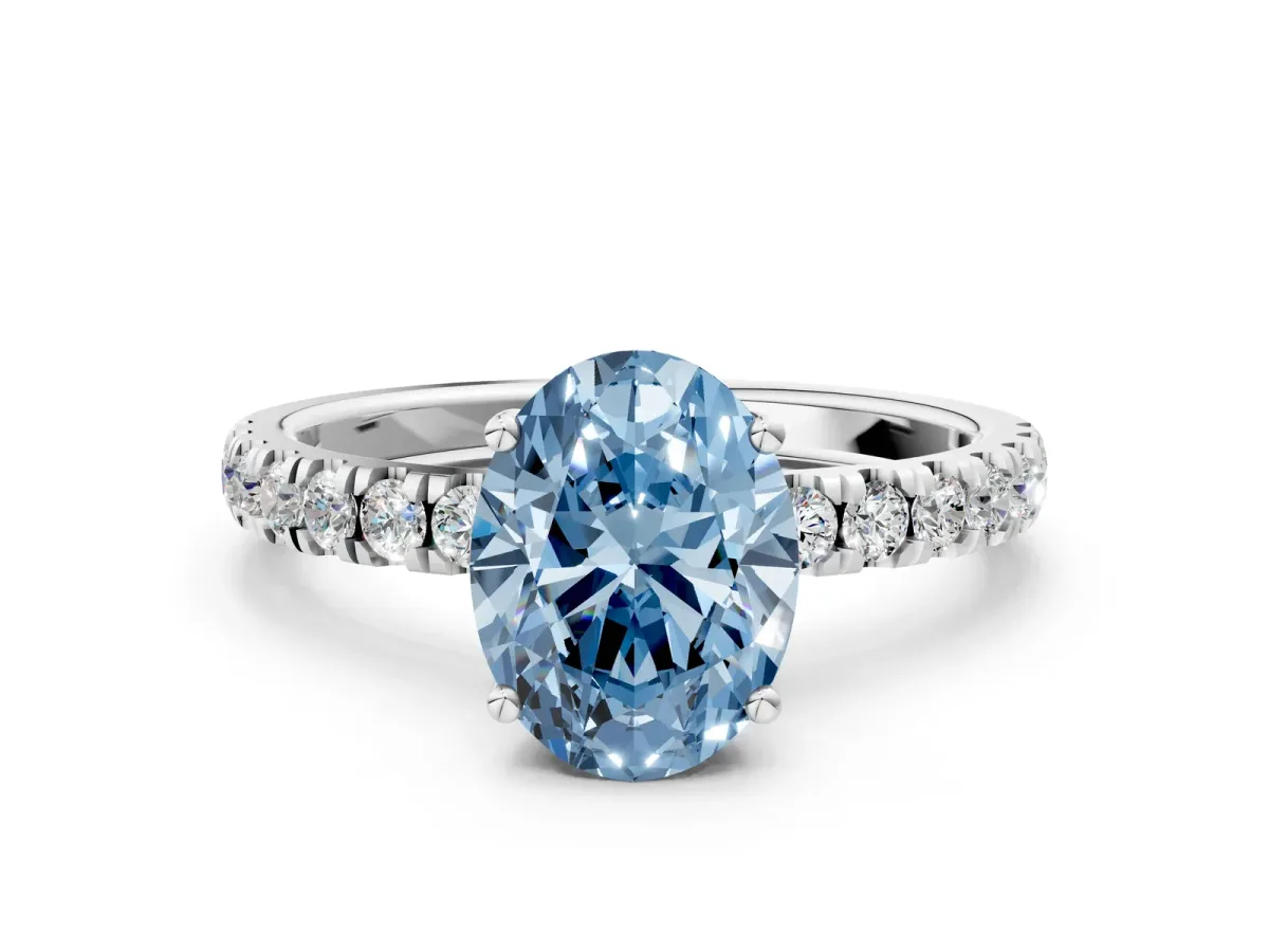 Fancy Blue Oval Cut Diamond Pave Band Solitaire Ring with Round and Prong Setting Platinum