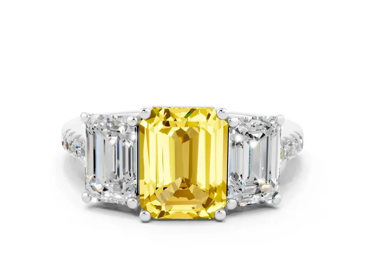 Three-Stone Emerald Cut Yellow Sapphire Ring with Round Pavé Band and Prong Setting White gold