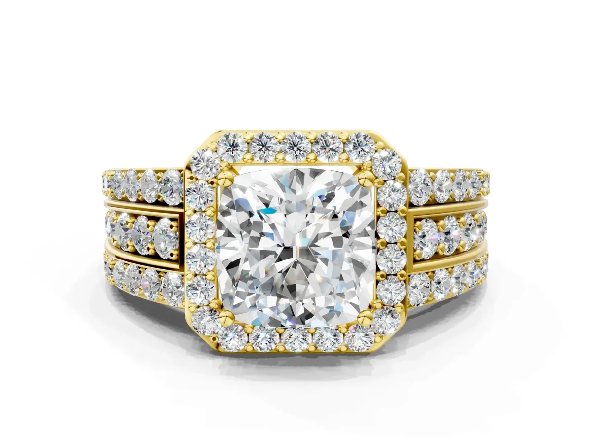 Cushion Cut Halo Diamond Ring with Round Split Shank and Prong Setting Yellow gold