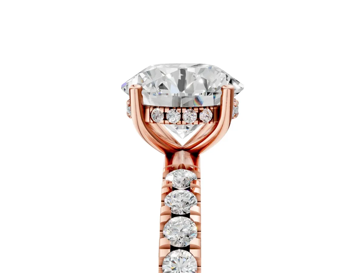 Round Cut Diamond Pave Band Solitaire Ring with Round Moissanite and Prong Setting Rose gold