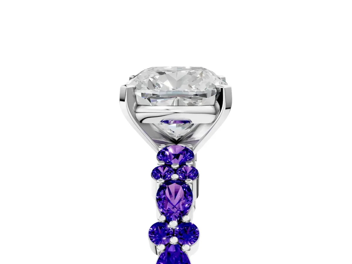 Cushion Cut Diamond Side Stone Solitaire Ring with Round Tanzanite and Four-Prong Setting White gold