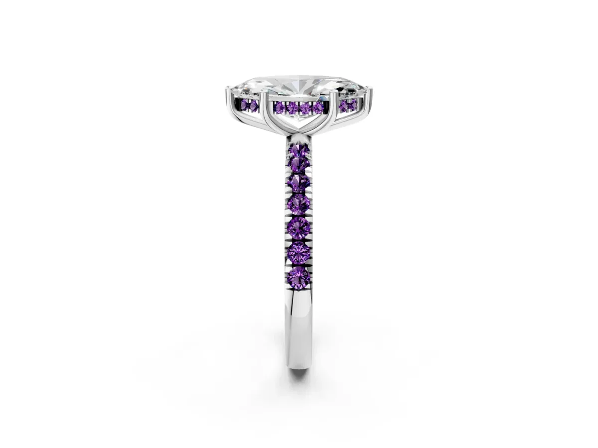 Marquise Cut Diamond Pave Band Solitaire Ring with Round Amethyst and Prong Setting Platinum