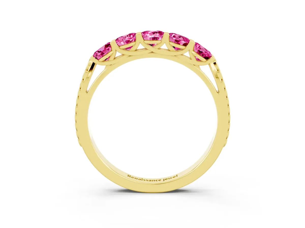 Five-Stone Round Pink Sapphire Prong-Set Band Yellow gold