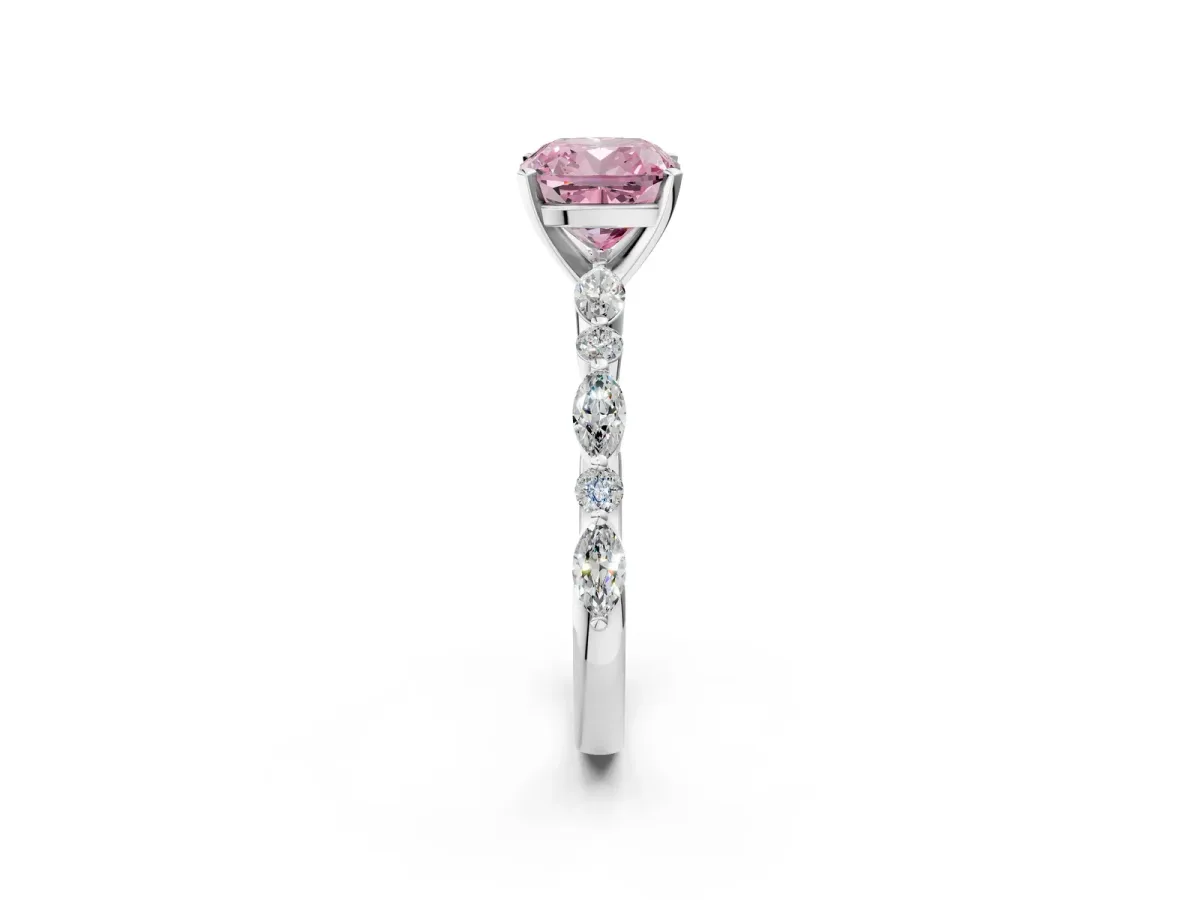 Fancy Pink Cushion Cut Diamond Ring with Marquise and Round Side Stones and Four-Prong Setting Silver