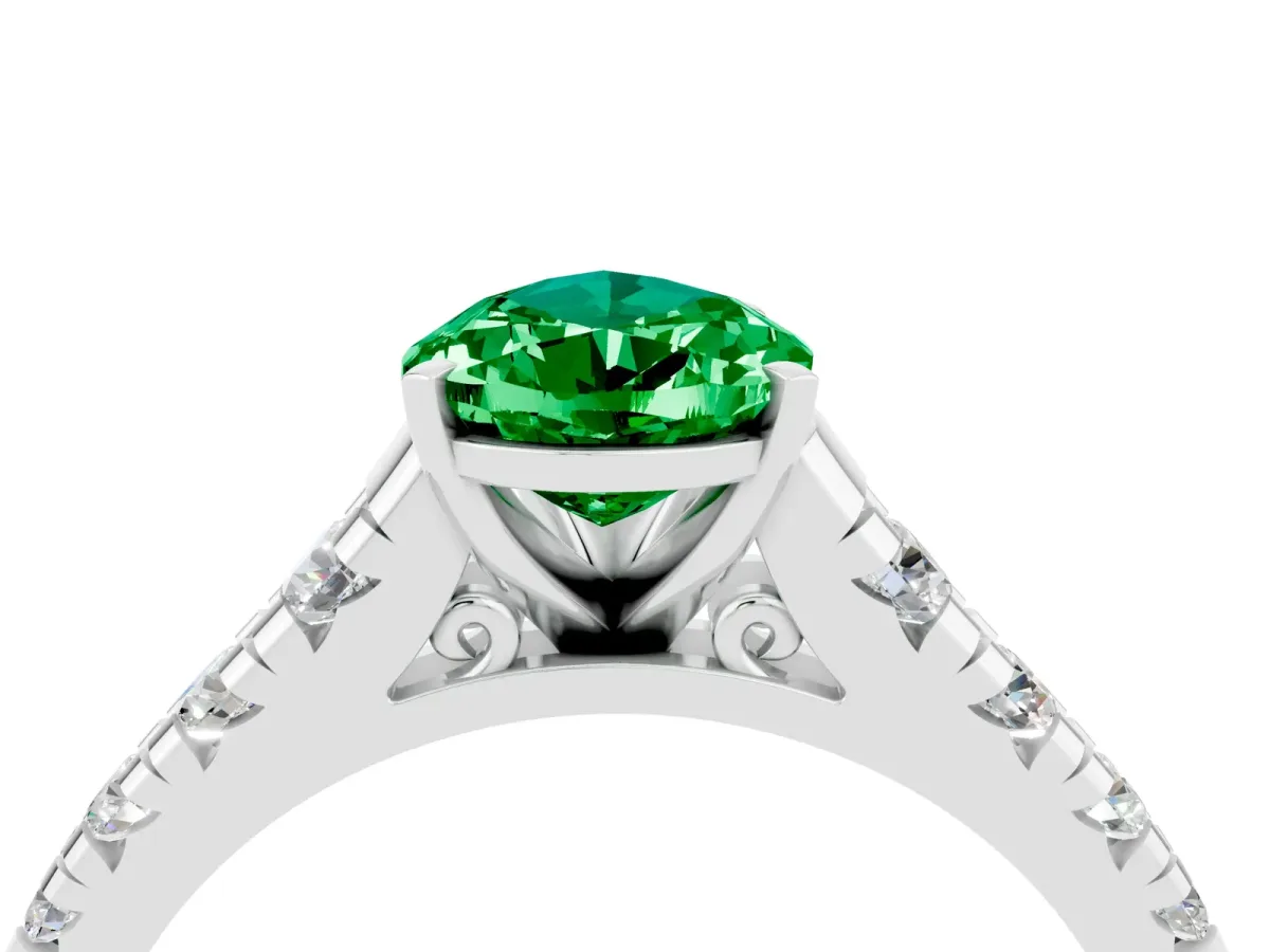 Pear Cut Emerald Cathedral Solitaire Ring with Round Pavé Band Silver