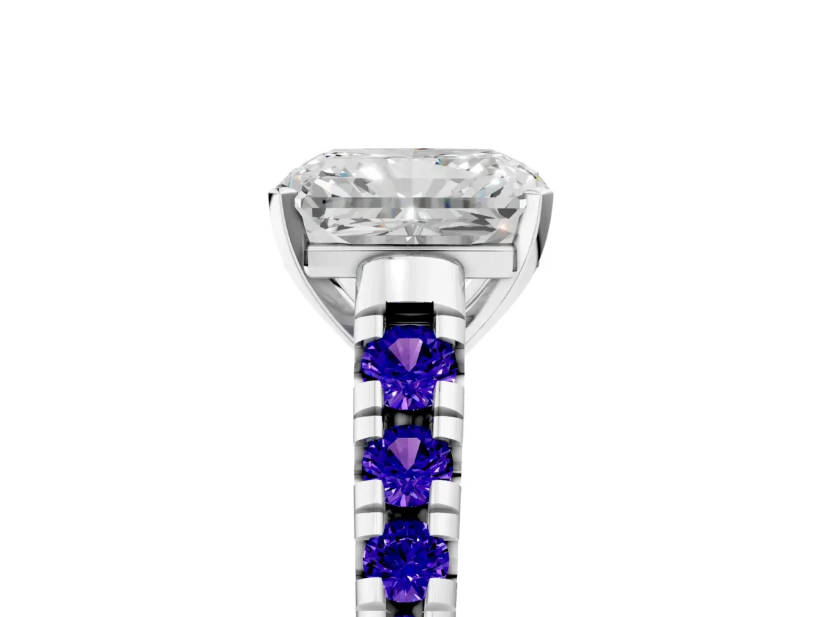 Radiant Cut Diamond Cathedral Solitaire Ring with Round Tanzanite Pavé Band Silver