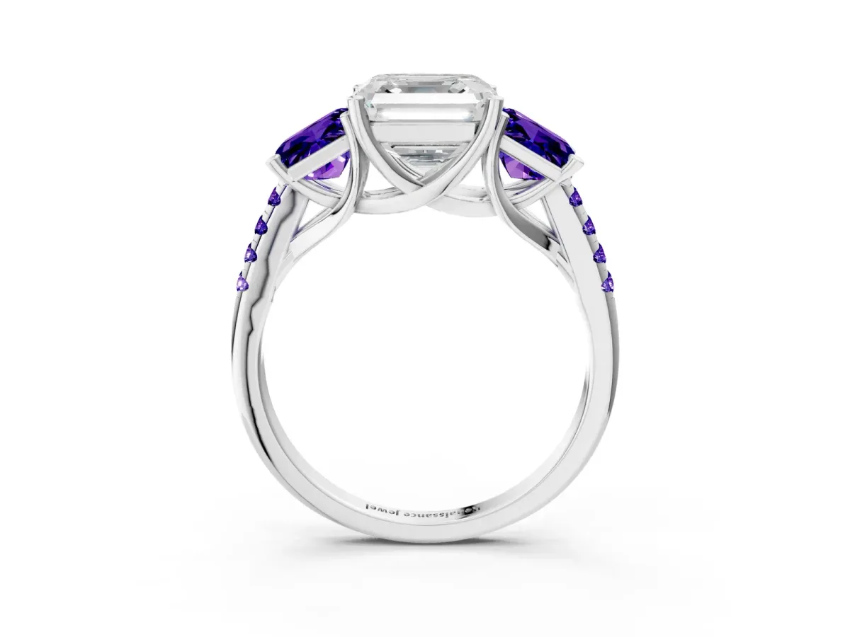 Three-Stone Asscher Cut Diamond Ring with Round Tanzanite Pavé Band and Prong Setting White gold