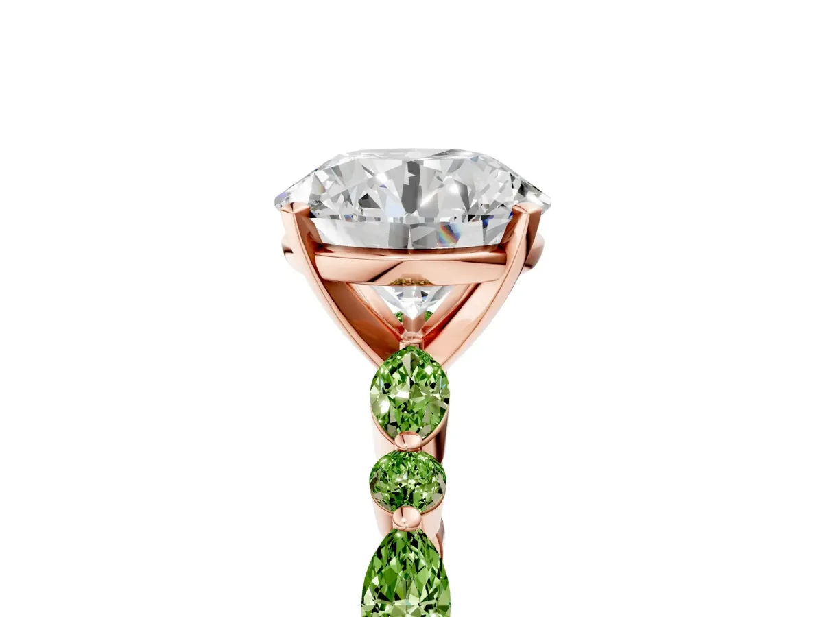 Round Cut Diamond Ring with Marquise and Round Peridot Side Stones and Four-Prong Setting Rose gold