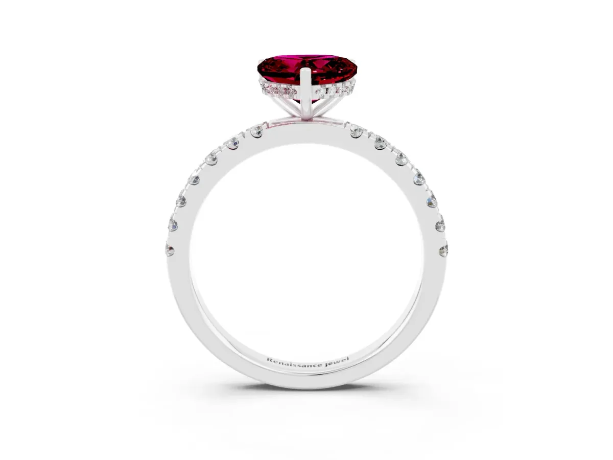 Heart Cut Garnet Pave Band Solitaire Ring with Round and Prong Setting Platinum