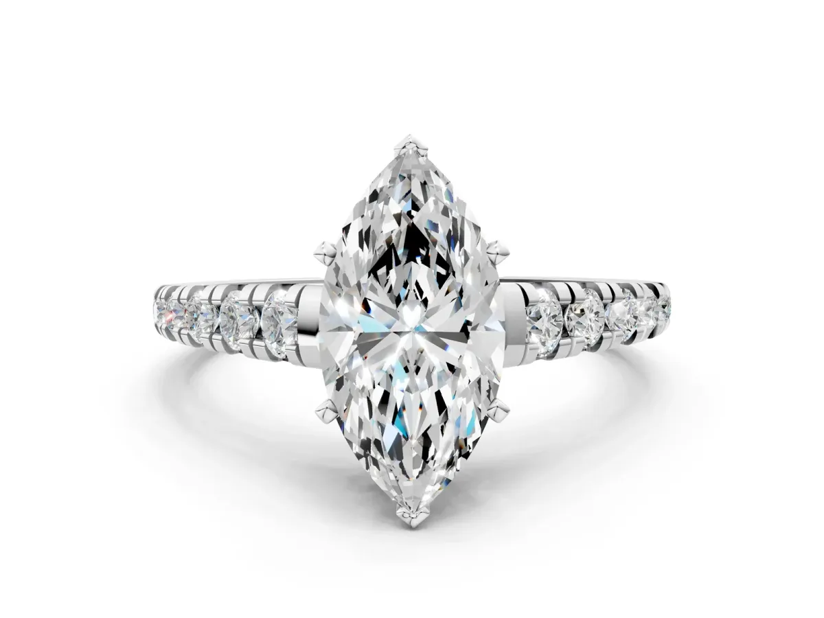 Marquise Cut Diamond Cathedral Solitaire Ring with Round Moissanite Pavé Band White gold
