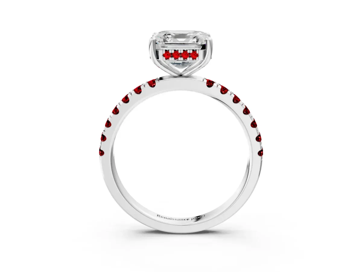 Asscher Cut Diamond Pave Band Solitaire Ring with Round Ruby and Prong Setting Platinum