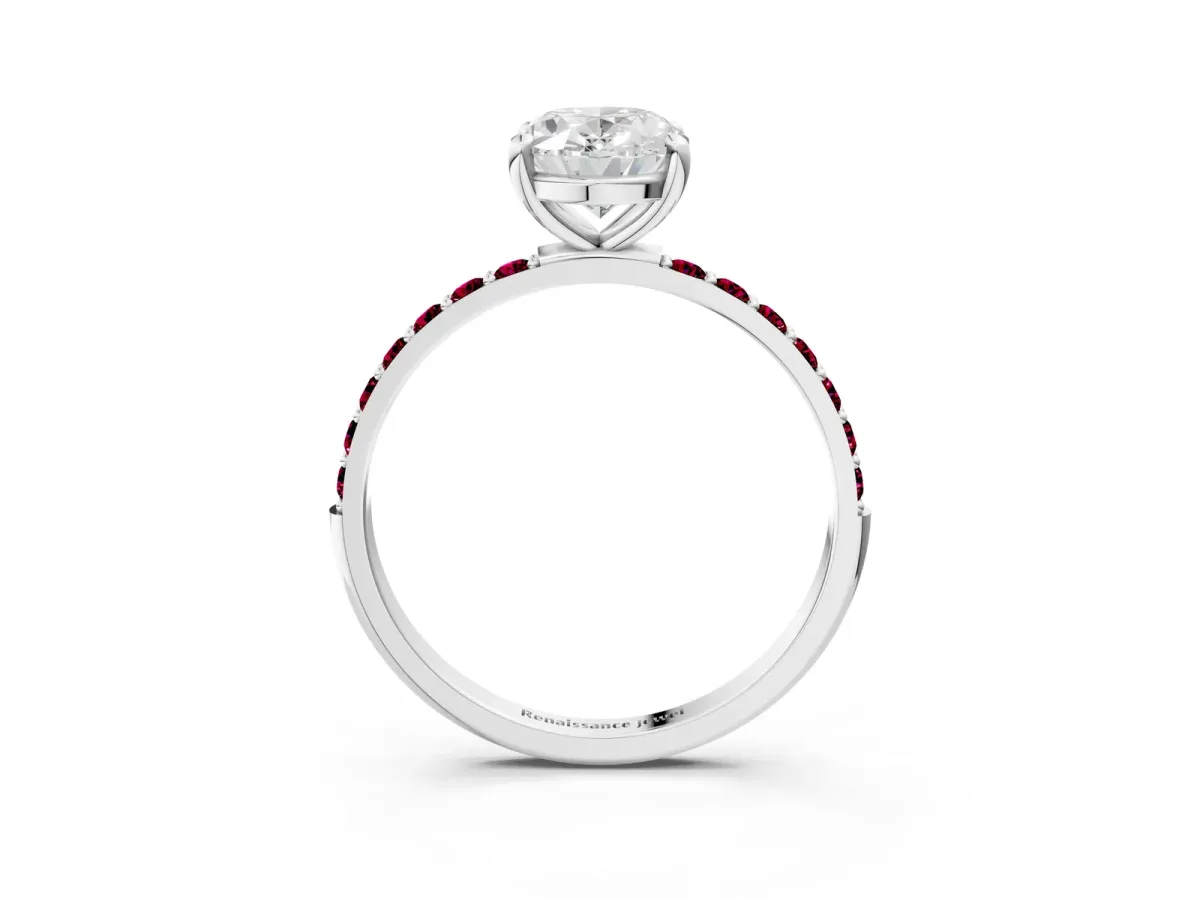 Oval Cut Diamond Solitaire Ring with Round Garnet Pavé Band and Prong Setting Platinum