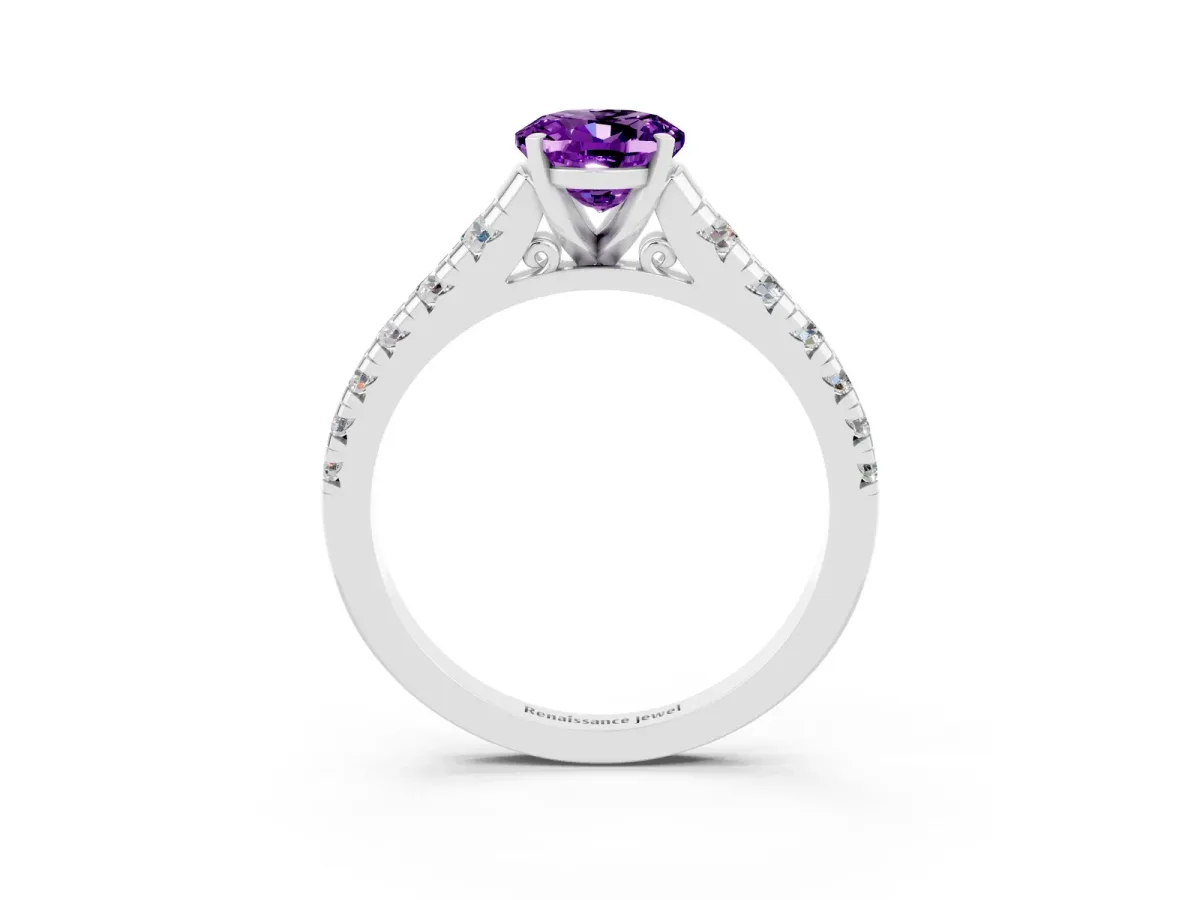 Oval Cut Amethyst Cathedral Solitaire Ring with Round Pavé Band Silver