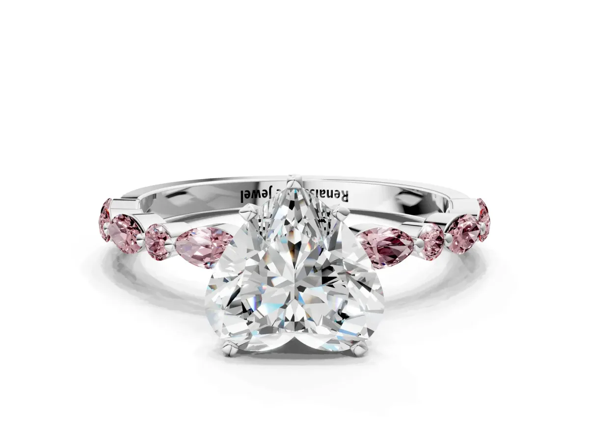 Heart Cut Diamond Ring with Marquise and Round Morganite Side Stones and Four-Prong Setting Silver