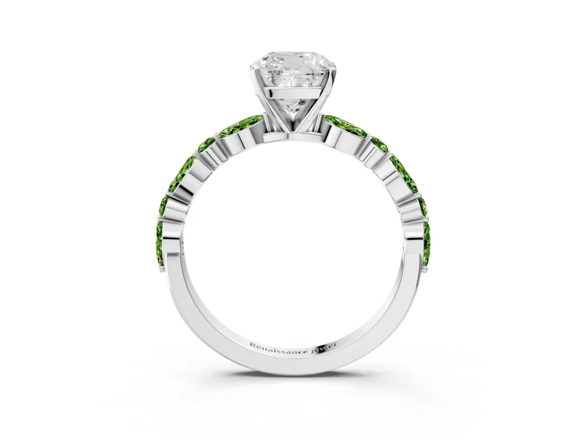 Cushion Cut Diamond Ring with Marquise and Round Peridot Side Stones and Four-Prong Setting Silver