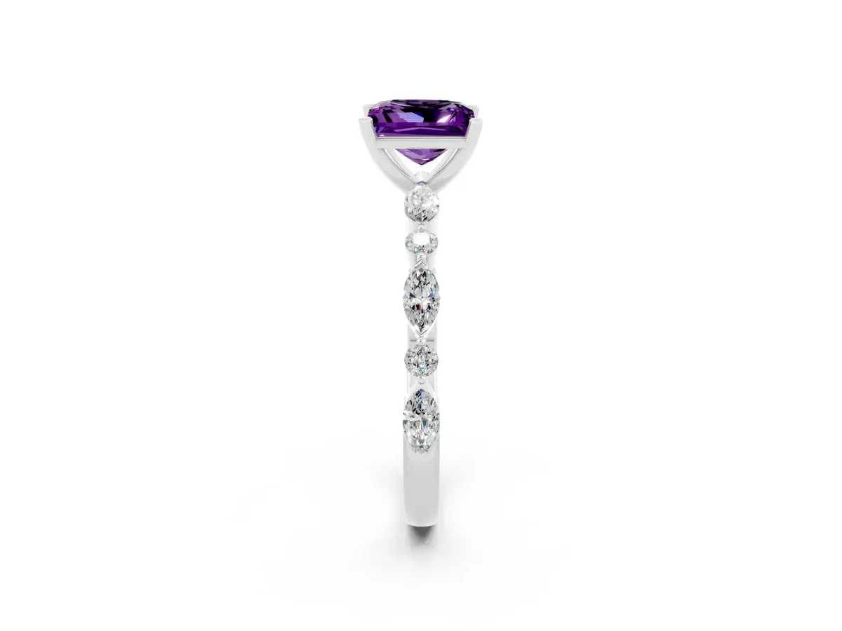 Princess Cut Amethyst Ring with Marquise and Round Side Stones and Four-Prong Setting Platinum