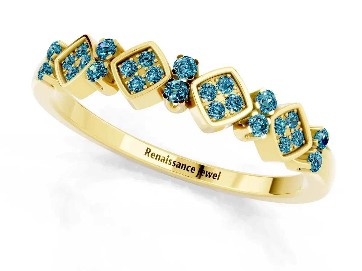 Pavé Cushion Blue Topaz Cluster Eternity Band with Prong Setting Yellow gold