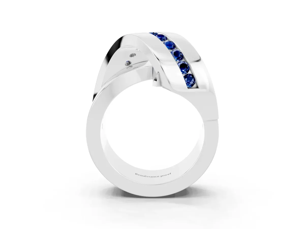 Pavé Round Blue Sapphire Crossover Band with Channel Setting White gold