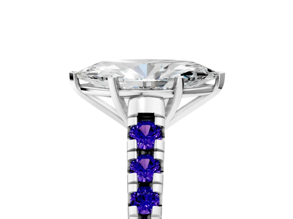 Marquise Cut Diamond Cathedral Solitaire Ring with Round Tanzanite Pavé Band Silver