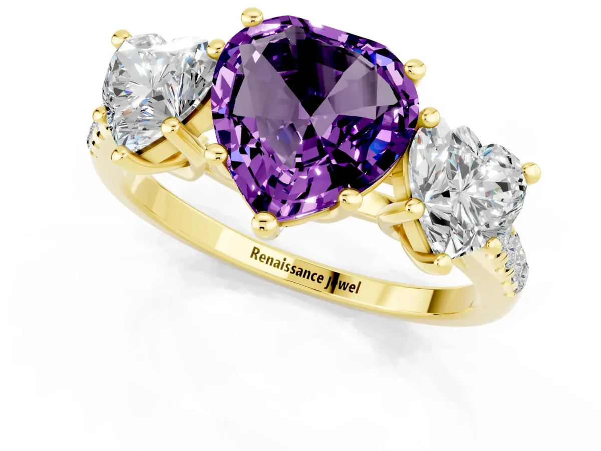 Three-Stone Heart Cut Amethyst Ring with Round Pavé Band and Prong Setting Yellow gold