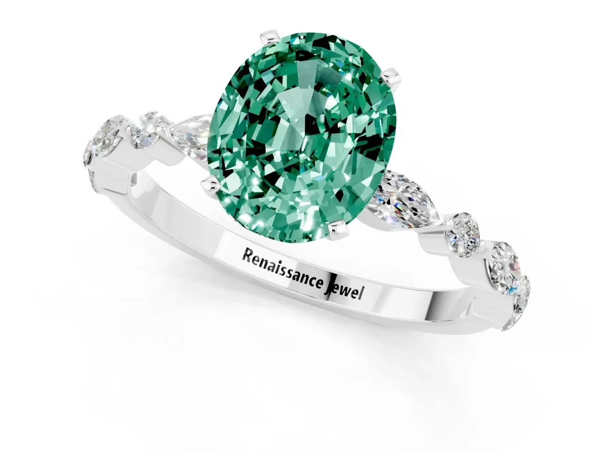 Oval Cut Green Sapphire Ring with Marquise and Round Side Stones and Four-Prong Setting Silver