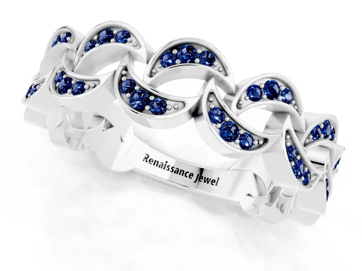 Pavé Round Blue Sapphire Interlocking Eternity Band with Bezel Prong Setting White gold