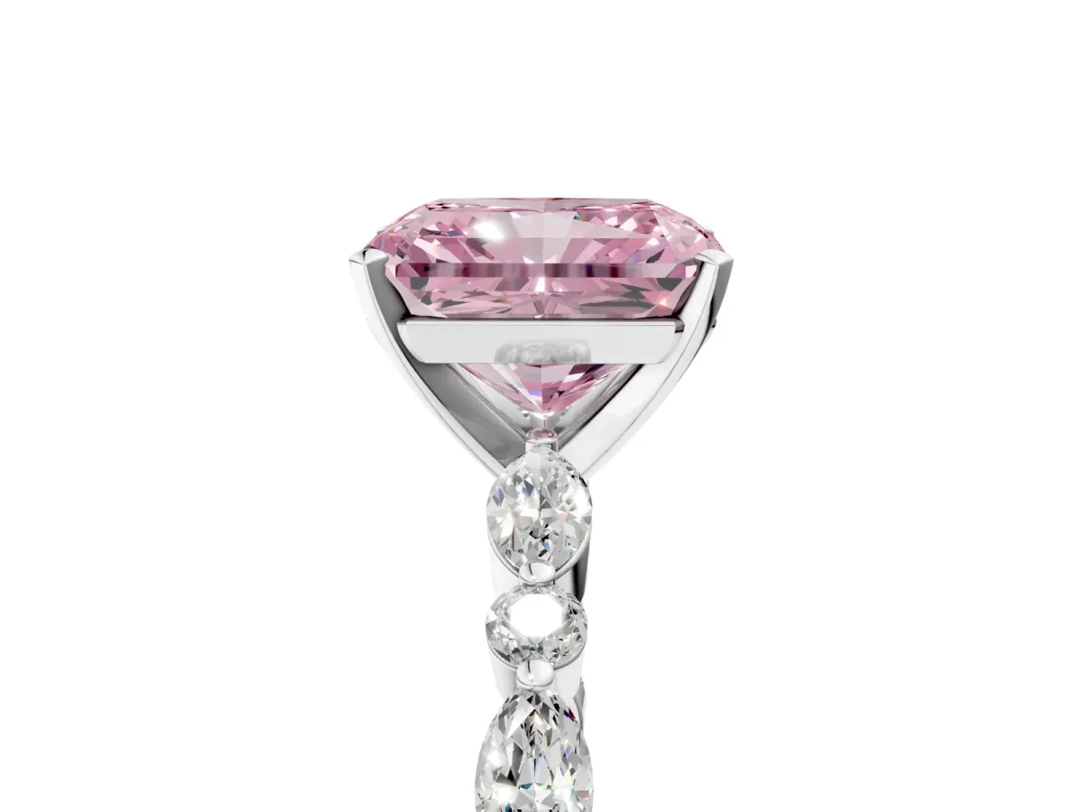 Fancy Pink Radiant Cut Diamond Ring with Marquise and Round Side Stones and Four-Prong Setting Silver