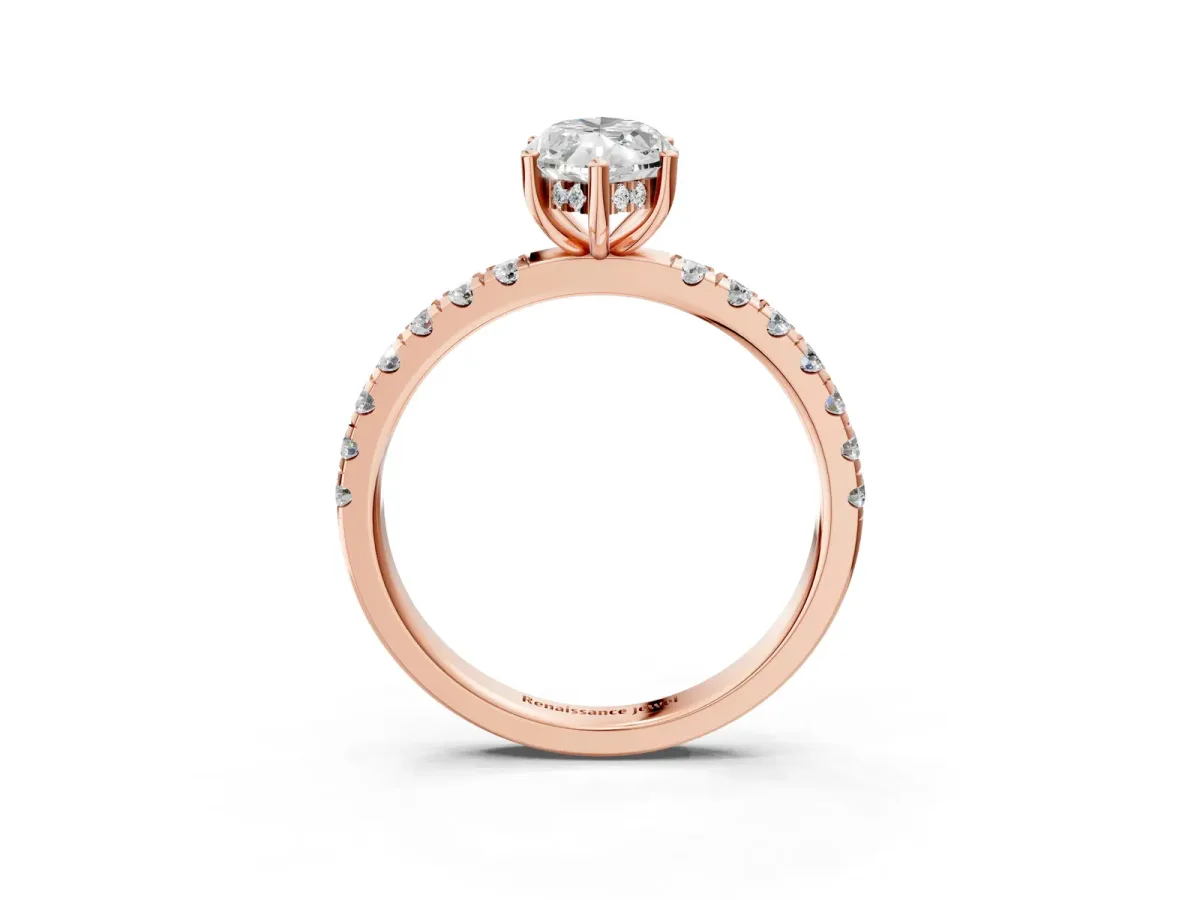 Marquise Cut Diamond Pave Band Solitaire Ring with Round Moissanite and Prong Setting Rose gold