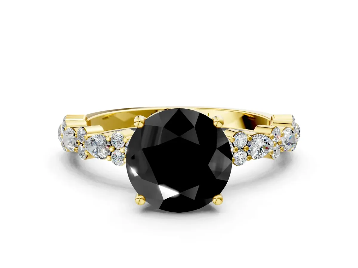 Fancy Black Round Cut Diamond Side Stone Solitaire Ring with Round and Four-Prong Setting Yellow gold