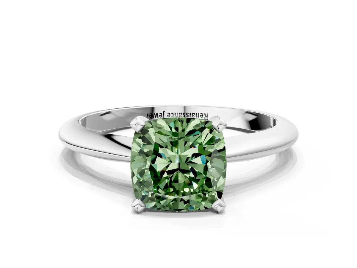 Fancy Green Cushion Cut Diamond Solitaire Engagement Ring with Classic Band and Four-Prong Setting Silver